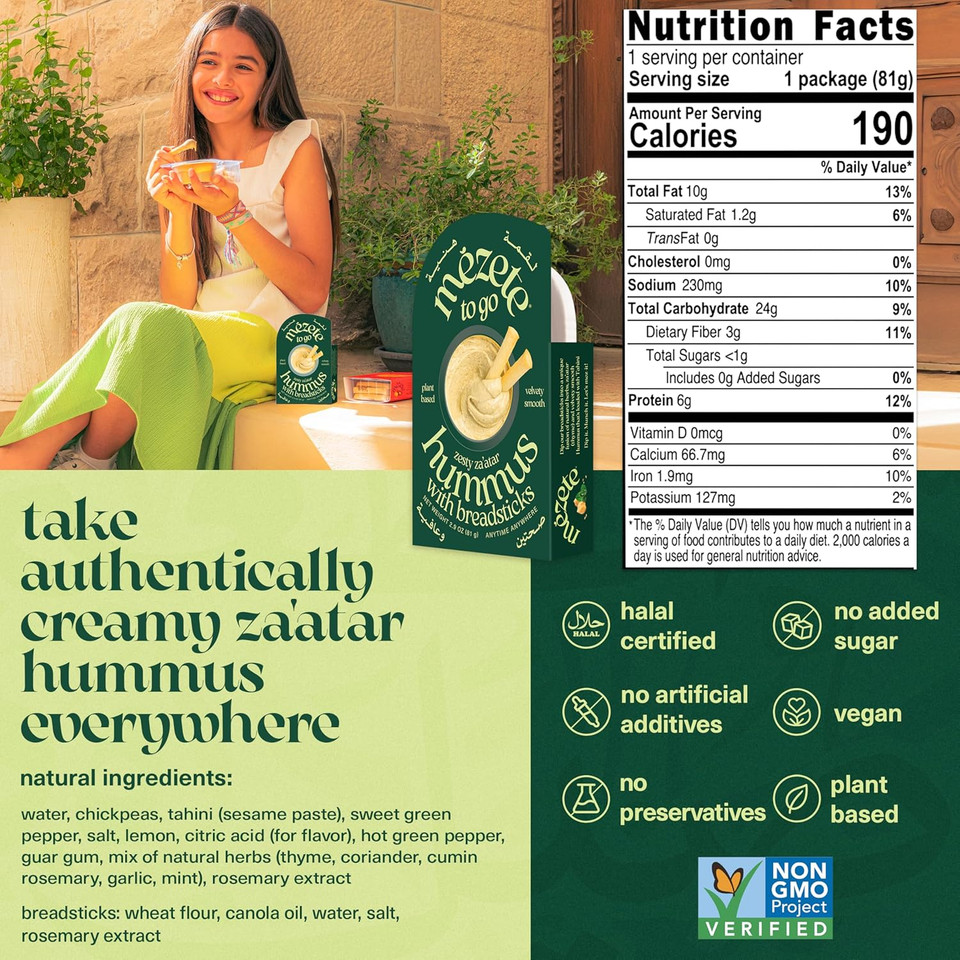 Mezete Hummus Dip With Breadsticks | Zesty Za'Atar | Authentic Middle Eastern | All Natural Dips And Spreads | Flavorful Tahini Rich Vegan Dip | Halal | Free From Preservatives | 81G