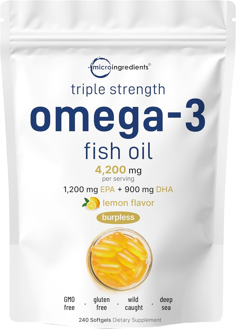 Micro Ingredients Omega 3 Fish Oil Supplements 3,000Mg Per Serving, 240 Softgels | Lemon Flavored  Burpless | Epa 540Mg + Dha 360Mg | Deep Sea Fish