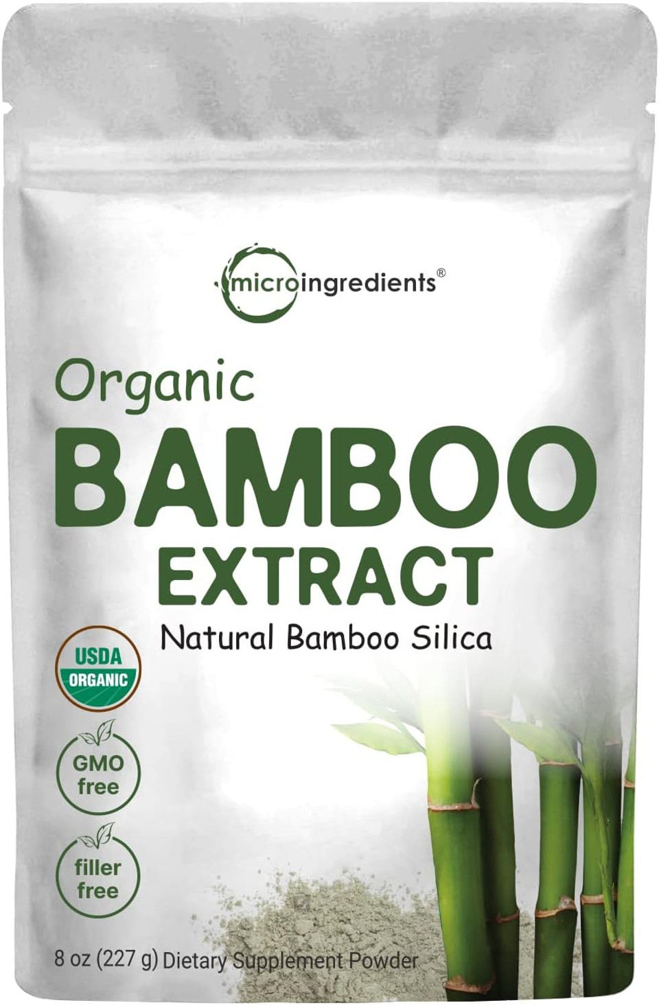 Micro Ingredients Organic Bamboo Extract Powder, 8 Ounce (1 Year Supply), Rich In Silica And Minerals, Supports Healthy Skin, Nail, Hair, Joints And Bones, Non-Gmo And Vegan Friendly