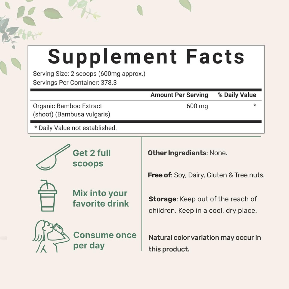 Micro Ingredients Organic Bamboo Extract Powder, 8 Ounce (1 Year Supply), Rich In Silica And Minerals, Supports Healthy Skin, Nail, Hair, Joints And Bones, Non-Gmo And Vegan Friendly