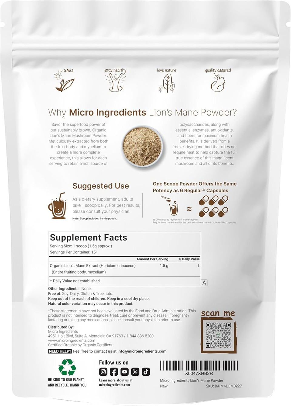 Micro Ingredients Organic LionS Mane Mushroom Powder, 16Oz | Pure Fruiting Body Superfood | Supports Brain, Focus, Energy & Immune Health | Great For Smoothies & Coffee | Filler Free, Vegan, Non-Gmo