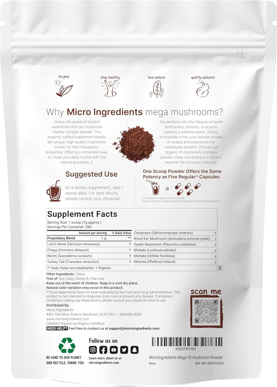 Micro Ingredients Organic Mega Mushroom Powder,10 Ounce (284 Days Supply) | 10 In 1 Complex Formula For Immune System Booster | Chaga, Lions Mane, Cordyceps, Reishi & More | Filler Free, Vegan