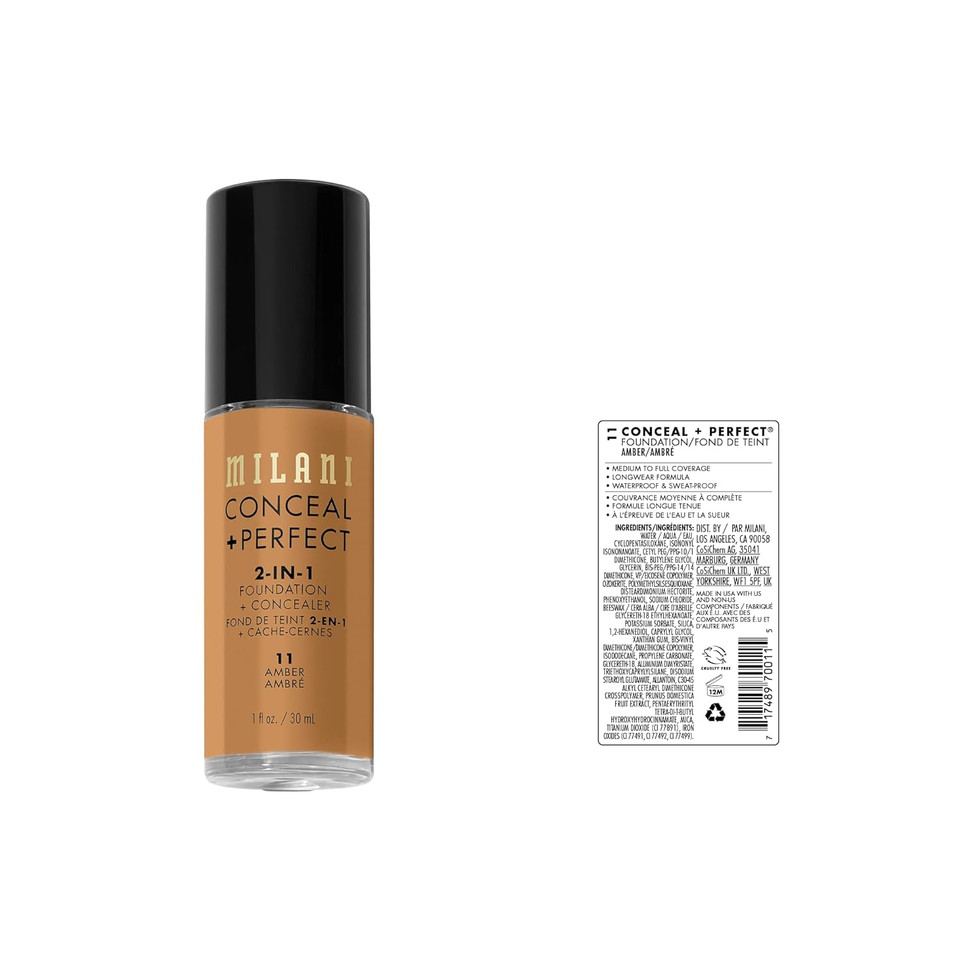 Milani Conceal + Perfect 2-In-1 Foundation + Concealer For A Flawless Complexion, Under Eye Corrector, Cover Redness And Imperfections, Waterproof And Sweatproof - Amber
