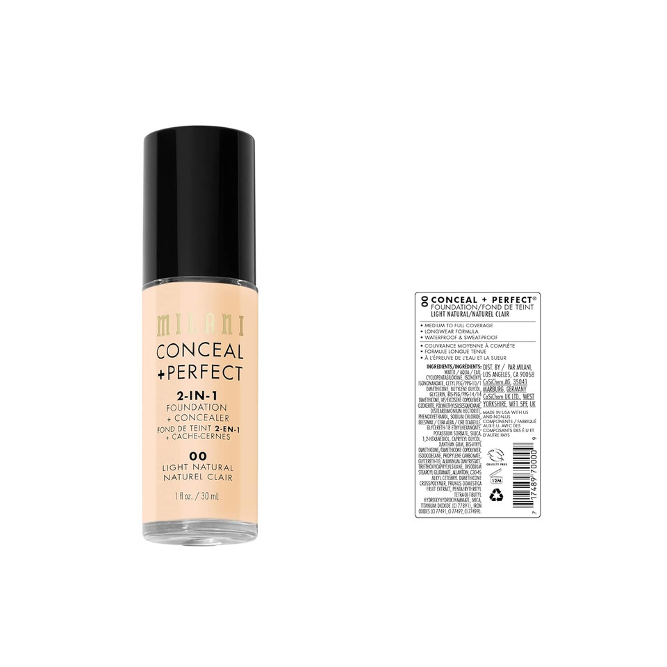 Milani Conceal + Perfect 2-In-1 Foundation + Concealer For A Flawless Complexion, Under Eye Corrector, Cover Redness And Imperfections, Waterproof And Sweatproof - Ivory