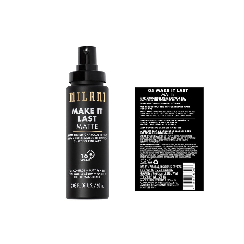Milani Setting Spray + Primer, Make It Last Matte- Oil Absorbing Charcoal Formula To Control Shine, Matte Finish Setting Spray For Makeup And Primer For Oily Skin, Prime +Correct + Set, 2.03 Fl. Oz