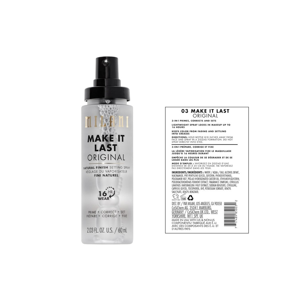 Milani Sunscreen Setting Spray + Primer, Make It Last Sunscreen For Face- Spf 30 Uva & Uvb Protection Antioxidant Rich Formula For Broad Spectrum Protection, Prime + Set + Protect, 2.02Fl. Oz
