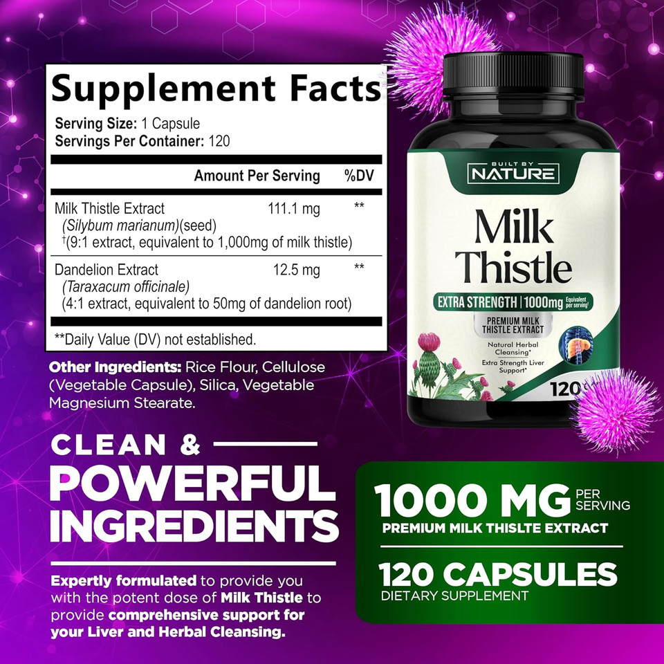 Milk Thistle 1000Mg - Liver Detox Supplement With Silymarin Extract & Dandelion Root  Gentle Herbal Liver Cleanse For Men & Women - Liver Health Support - Non-Gmo - 120 Veggie Capsules
