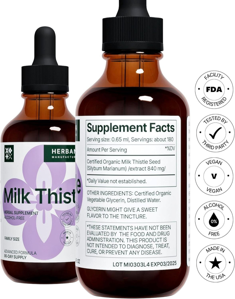 Milk Thistle 4 Fl Oz Liquid Extract - Natural Liver Support Drops - Cleanse And Detox Herbal Supplement - Silybum Marianum Tincture For Man & Woman - Family Size - High Potency - 90-Day Supply