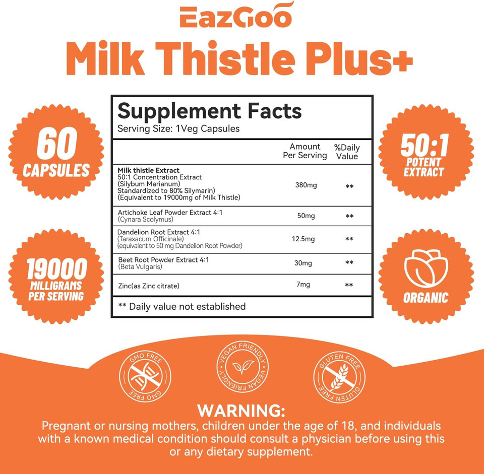 Milk Thistle Capsules 19000Mg Equivalent, 50X Concentrated Seed Extract & 80% Silymarin Standardized, Liver Support Supplement, Vegan, Non-Gmo, 120 Capsules
