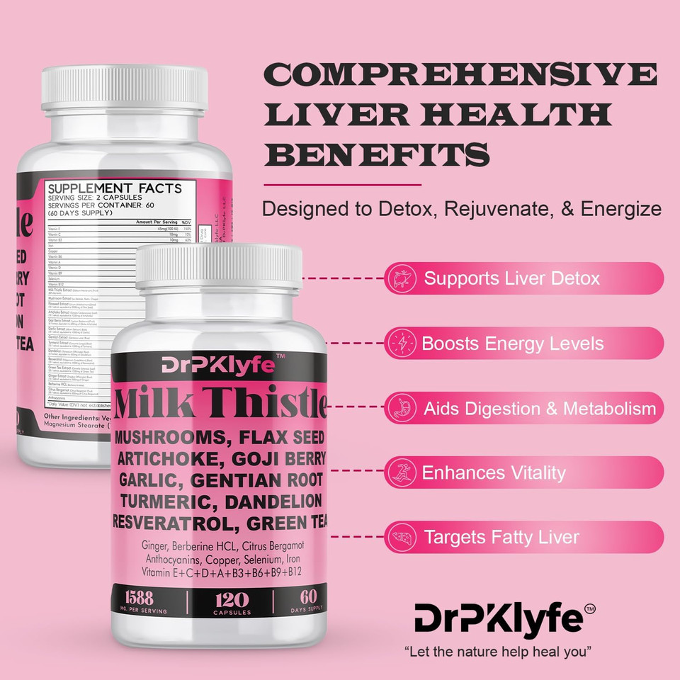 Milk Thistle Capsules For Liver Detox & Cleanse Support  With Dandelion Root, Resveratrol, Artichoke, Moringa, Silymarin  120 Capsules (60-Day Supply)