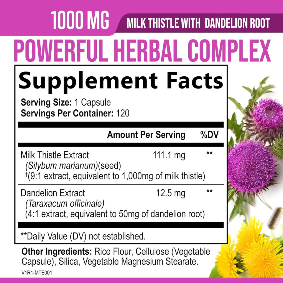 Milk Thistle Supplement - Liver Cleanse Detox & Repair Formula With Dandelion 1000Mg Supplements - Nature'S Herbal Milk Thistle Extract W/Silymarin Marianum, Supports Liver Health - 60 Capsules