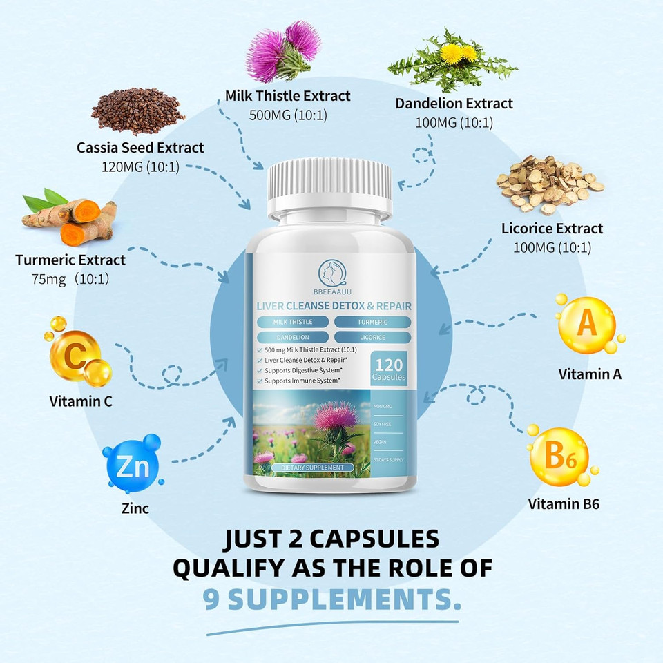 Milk Thistle Supplement Capsules, Liver Health Formula, With Dandelion Root, 10:1 Extract, For Liver Detox Cleanse Support, Digestive & Immune System, 120 Veggie Caps