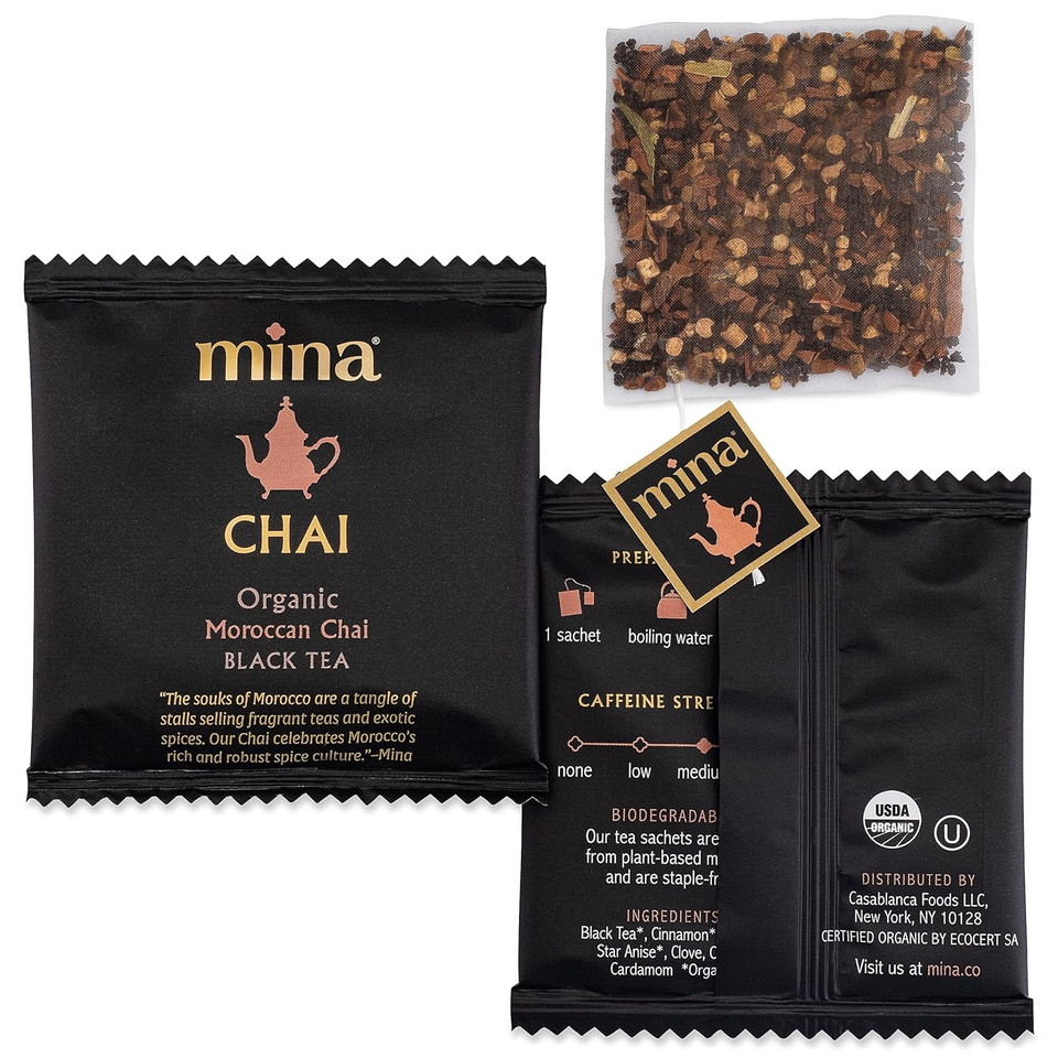 Mina Moroccan Chai, Organic Black Tea Bags, Organic Chai Tea With Cinnamon, Ginger Star Anise, Clove & Cardamom, Chai Latte Hot Or Iced, Healthy & Soothing Beverage - 90 Biodegradable Sachets