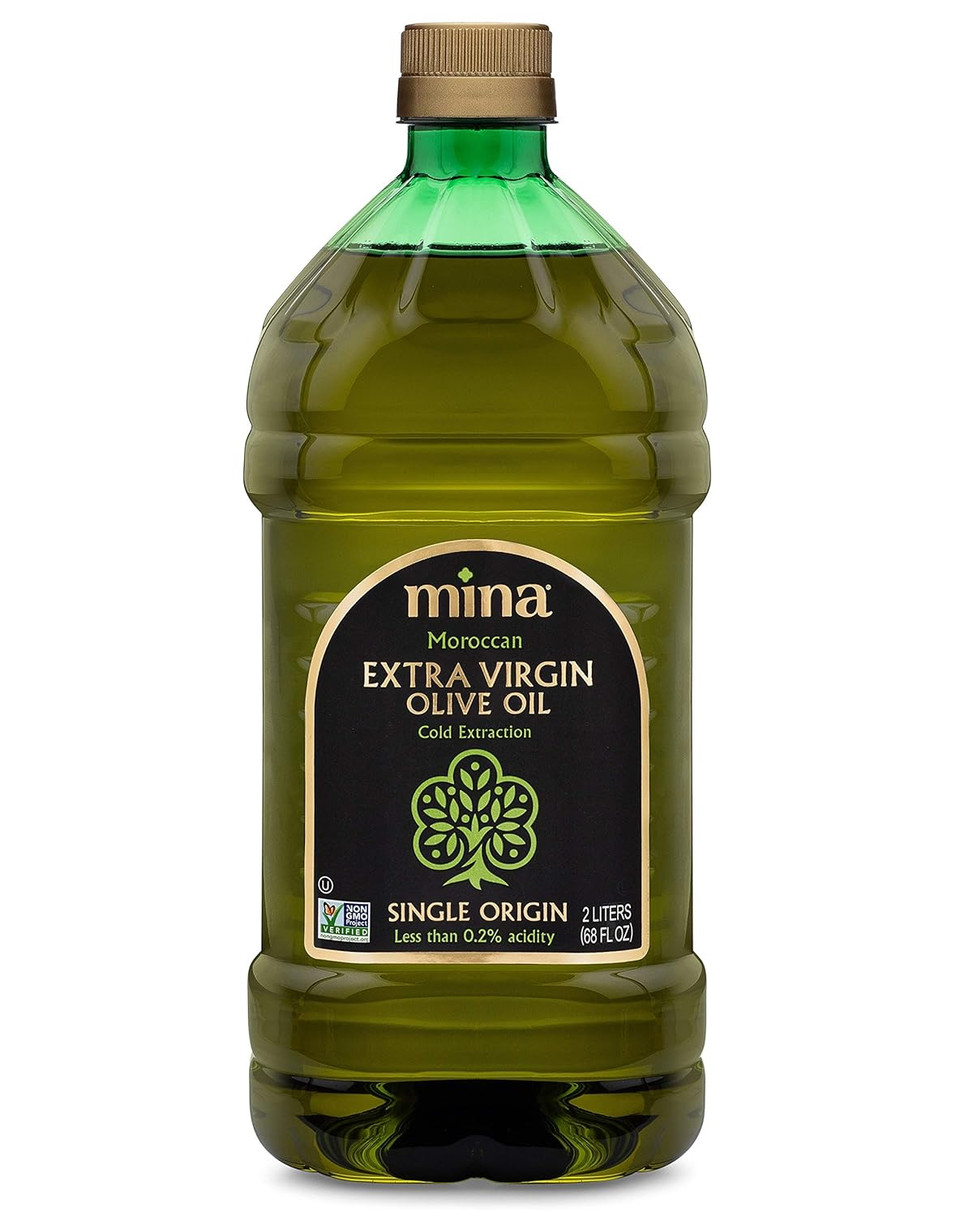 Mina Olive Oil Extra Virgin 68 Fl Oz, New Harvest, Polyphenol Rich Moroccan Extra Virgin Olive Oil, Single Origin, Early Harvest, Cold Extraction, Less Than 0.2% Acidity, 2 L