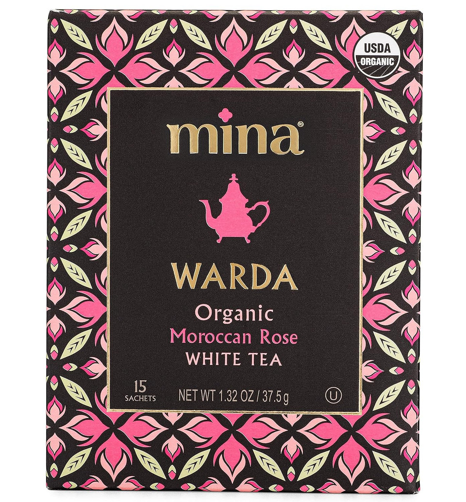Mina Warda Organic Moroccan Rose White Tea, 15 Biodegradable Sachets - Rose Tea Bags, White Tea With Moroccan Rose Petals, Organic White Tea Bags, Low Caffeine Tea