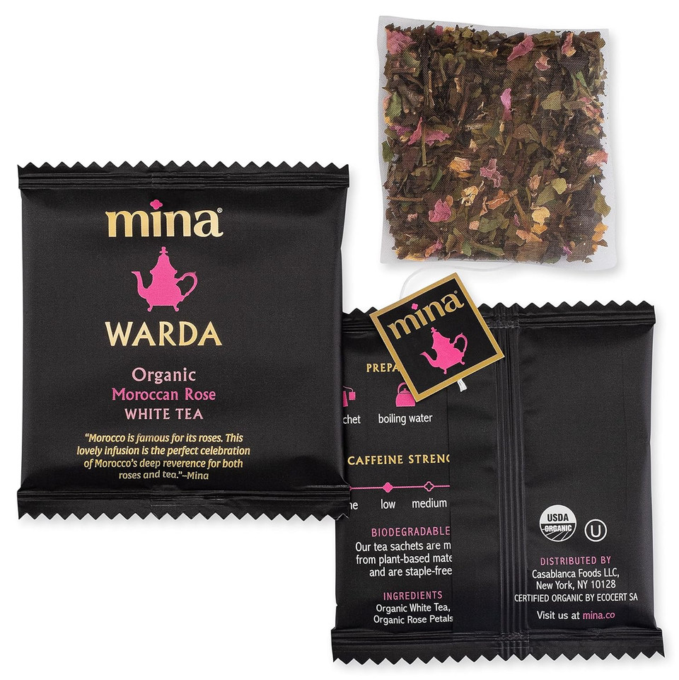 Mina Warda Organic Moroccan Rose White Tea, 15 Biodegradable Sachets - Rose Tea Bags, White Tea With Moroccan Rose Petals, Organic White Tea Bags, Low Caffeine Tea