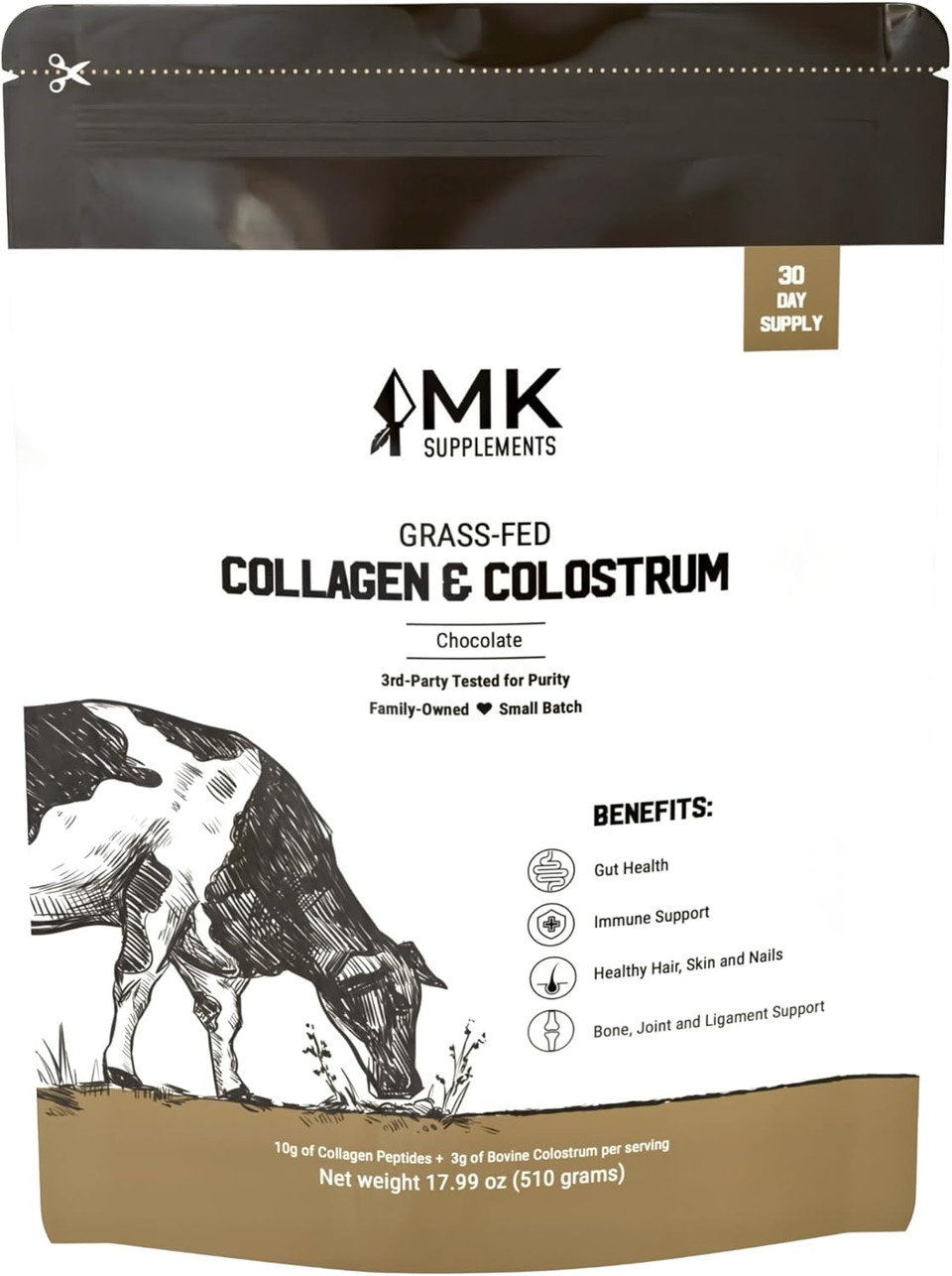 Mk Supplements Grass-Fed Collagen & Colostrum Supplement (30 Servings, Chocolate)