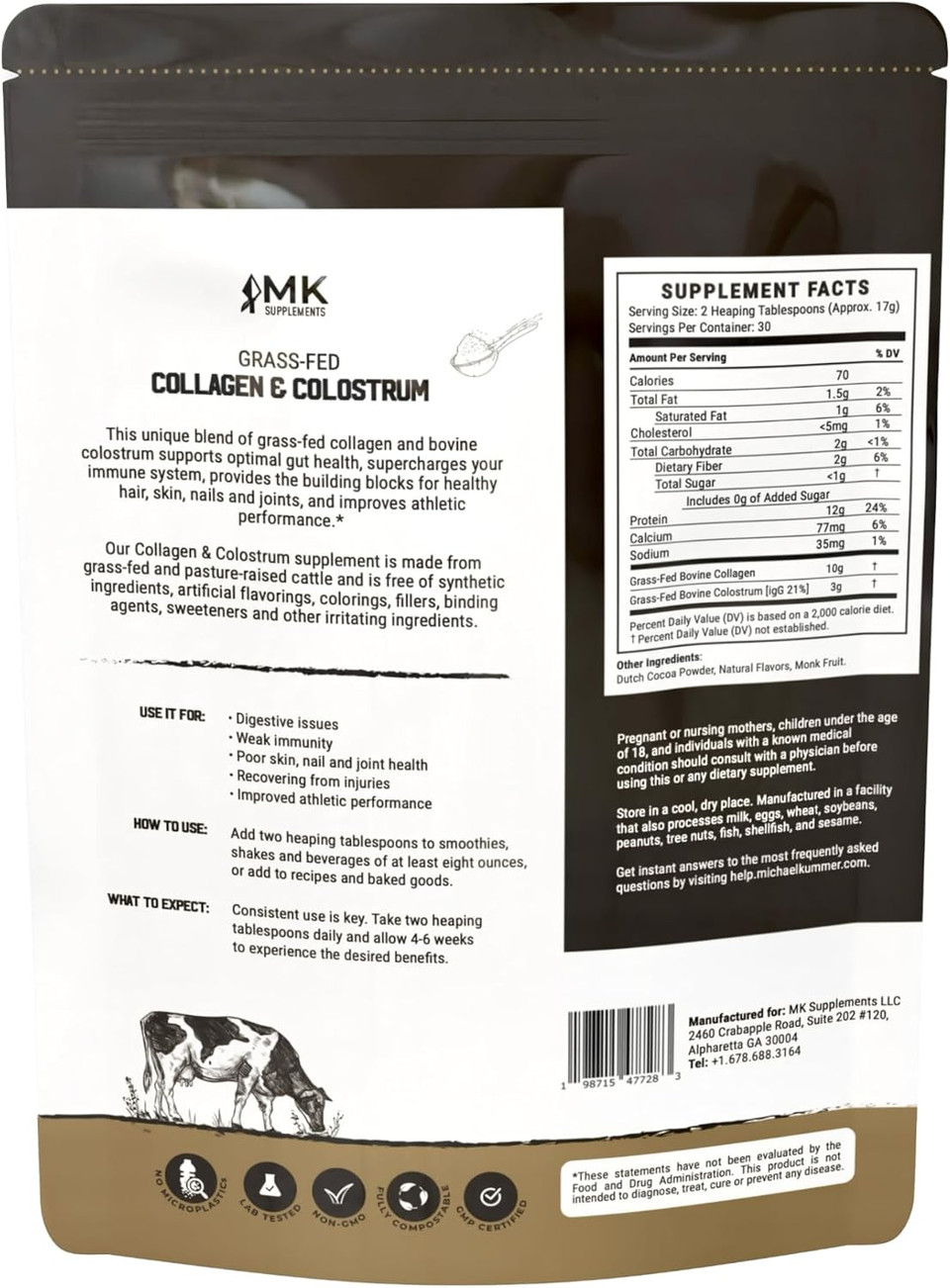 Mk Supplements Grass-Fed Collagen & Colostrum Supplement (30 Servings, Chocolate)