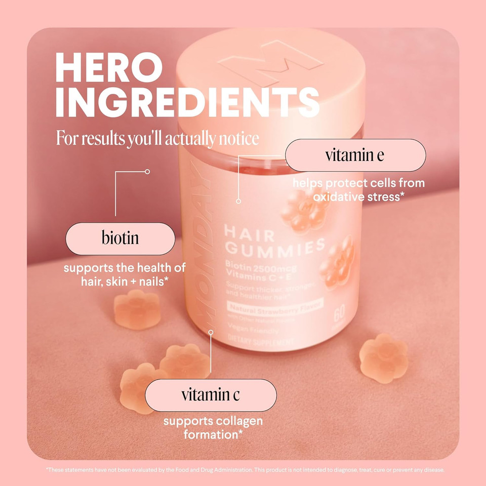 Monday Haircare Hair Gummies With 2500 Mcg Biotin, Vitamin C & Vitiman E For Thicker, Stronger And Healthier Hair 60Ct