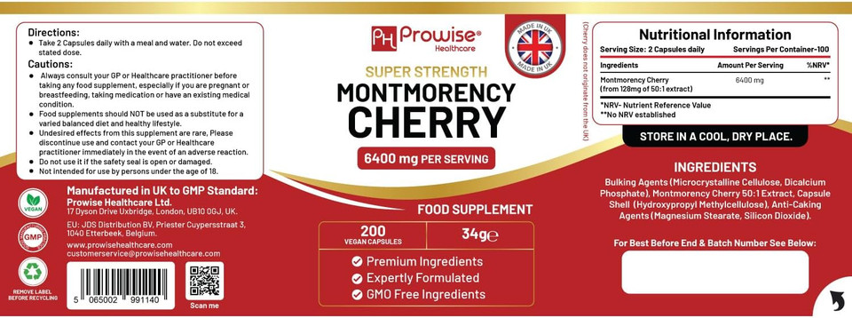 Montmorency Cherry 6400Mg - 200 Tart Cherry Capsules - Natural Tart Cherry Extract Supplement For Men & Women  Super Strength, Gluten Free, Vegan And Gmo Free - Made In The Uk By Prowise