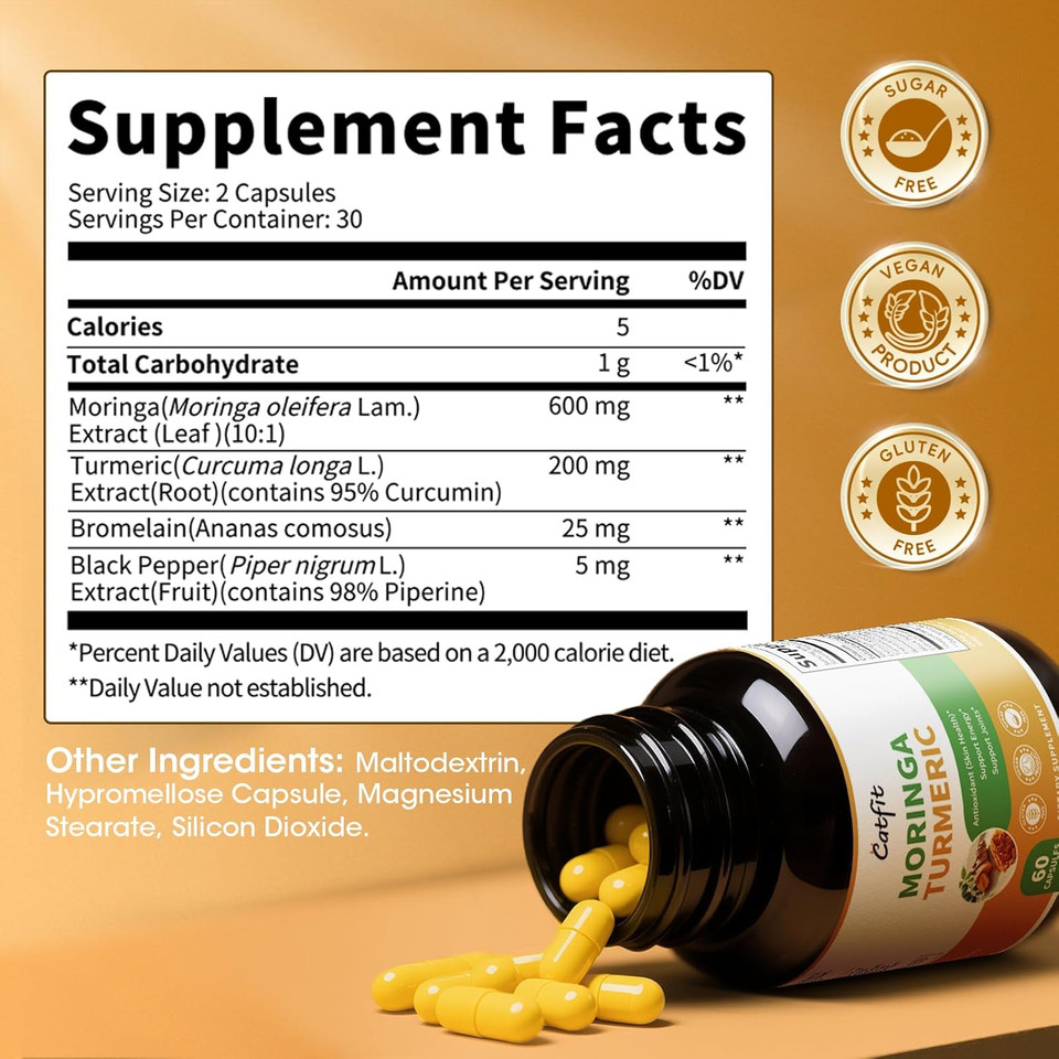 Moringa Capsules With Turmeric Curcumin For Joint, Energy & Gut Support  Moringa Powder With Bromelain & Black Pepper, Superfood Supplement For Men & Women  Vegan, Non-Gmo & Gluten-Free, 60 Ct