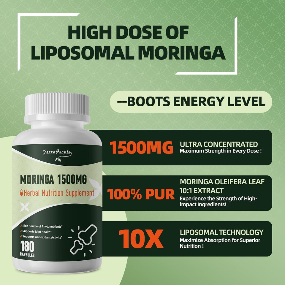 Moringa Pure Capsules, Rich Moringa Powder, A Natural Green Antioxidant Superfood - Supports Energy, Skin Health, Gut Health, With Essential Vitamins & Amino Acids, 60Pcs*2