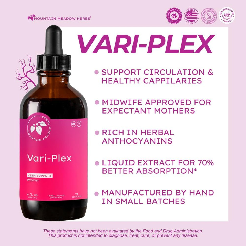 Mountain Meadow Herbs Vari-Plex - Natural Vein Support For Women, Promotes Healthy Circulation, Capillary & Vein Health, Fast-Acting Liquid Herbal Extract 4Oz