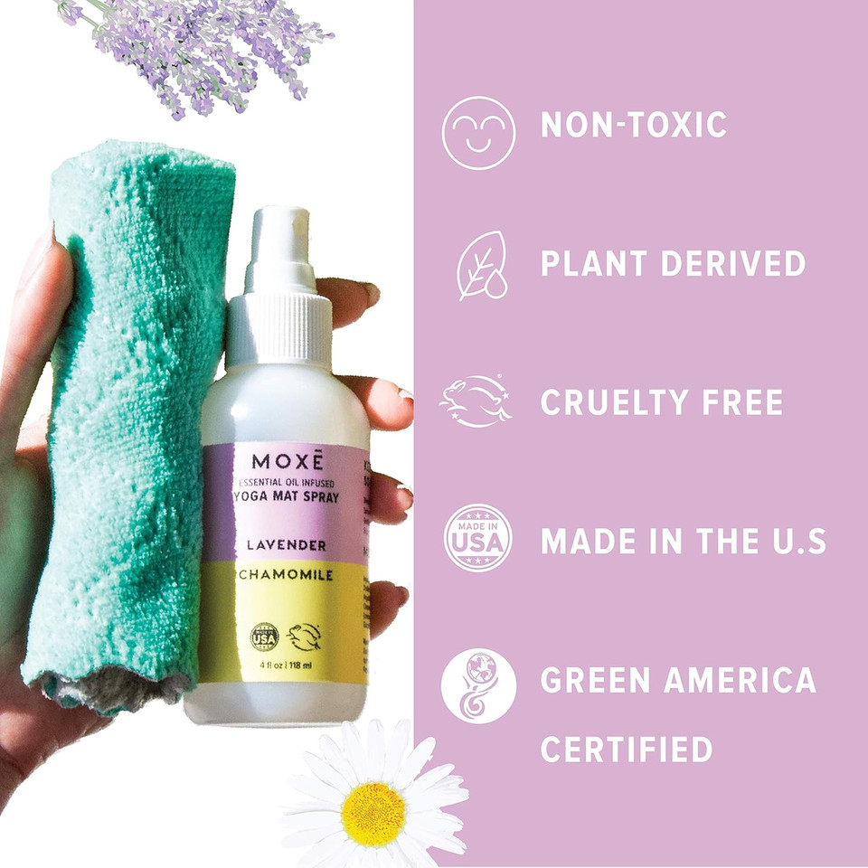 Moxe Yoga Mat Cleaner Spray, Rosemary & Lemon Essential Oil, Safe For All Mats & Exercise Equipment, Odor & Sweat Protection, Includes Microfiber Cleaning Towel, Green America Certified, 4 Oz (2 Pack)