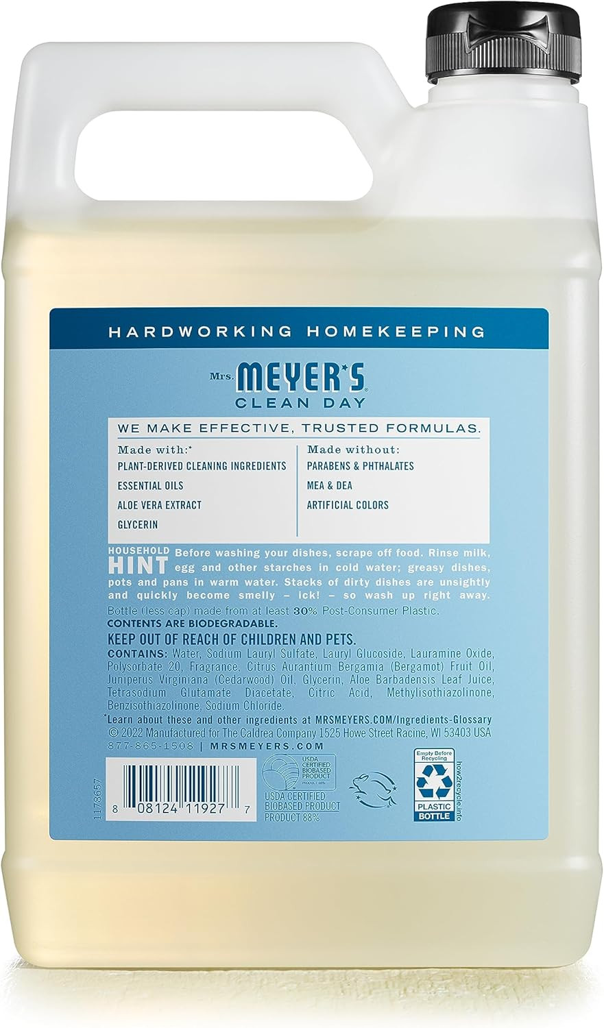 Mrs. Meyer'S Clean Day Liquid Dish Soap Refill, Biodegradable Formula, Rain Water, 48 Fl. Oz
