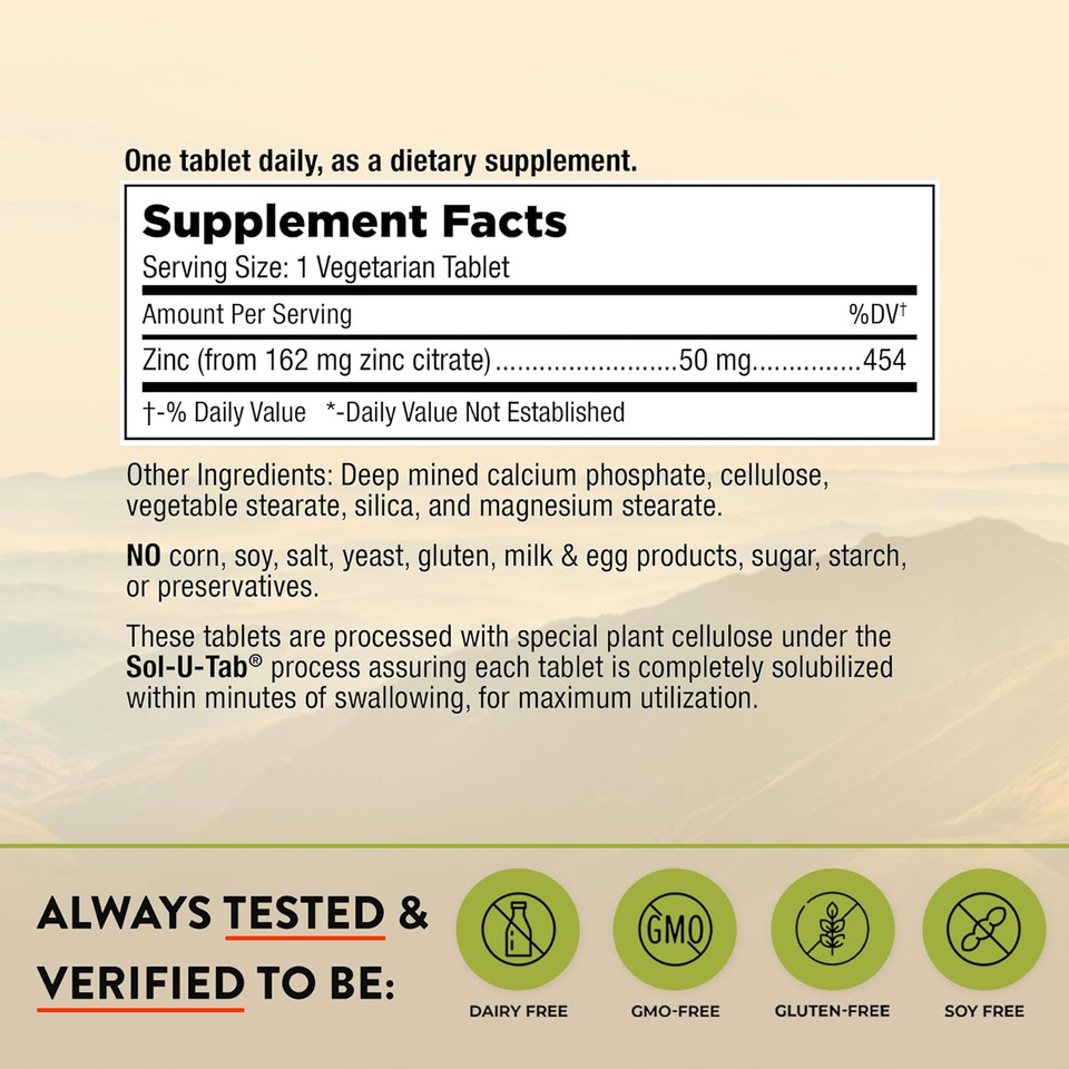 Mt. Angel Vitamins - Zinc Citrate 50Mg - Zinc 50 Mg Citrate Chelate - Natural Zinc Supplements Made In Usa - 60 Vegetarian Tablets