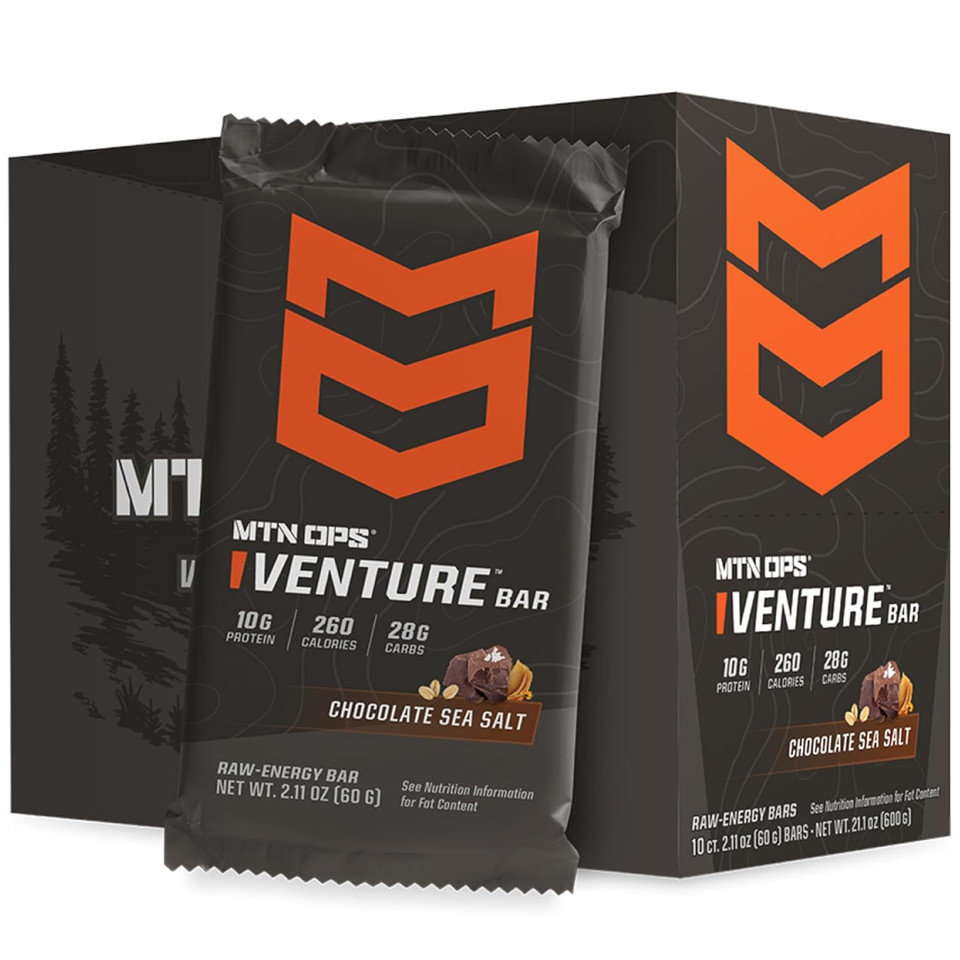 Mtn Ops Venture Bar | Chocolate Sea Salt Energy Bar | 10G Protein + Gluten-Free Nutrient Dense Peanut-Based Raw Energy Bar | 10 Bars Per Box