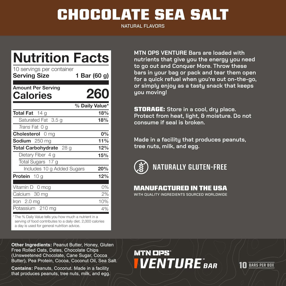 Mtn Ops Venture Bar | Chocolate Sea Salt Energy Bar | 10G Protein + Gluten-Free Nutrient Dense Peanut-Based Raw Energy Bar | 10 Bars Per Box