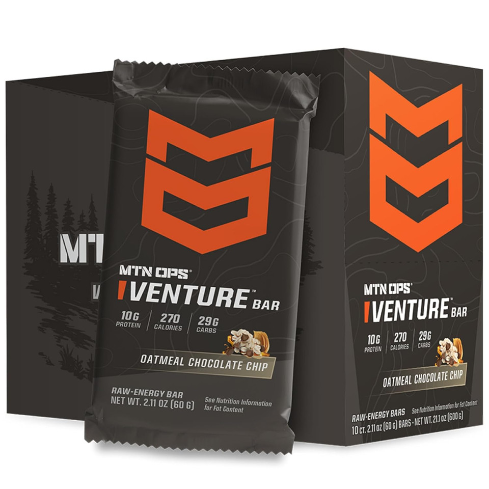Mtn Ops Venture Bar | Oatmeal Chocolate Chip Energy Bar | 10G Protein + Gluten-Free Nutrient Dense Peanut-Based Raw Energy Bar | 10 Bars Per Box