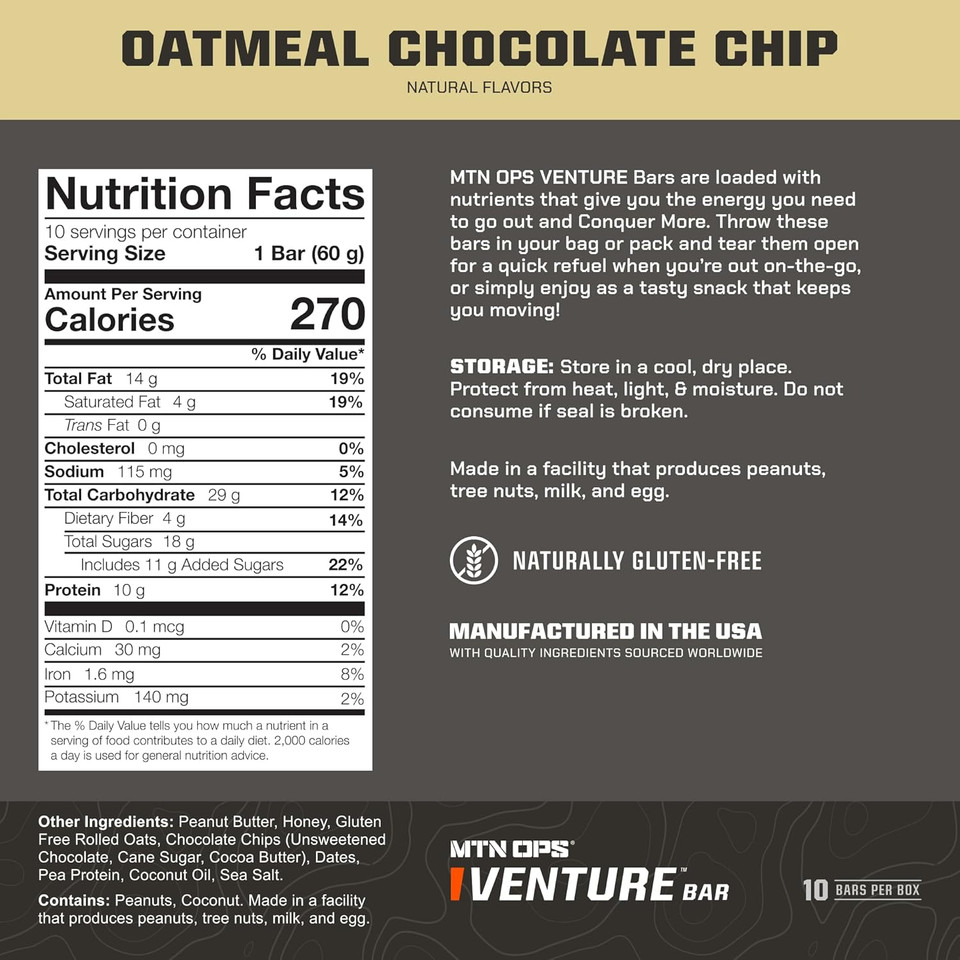 Mtn Ops Venture Bar | Peanut Butter Crunch Energy Bar | 10G Protein + Gluten-Free Nutrient Dense Peanut-Based Raw Energy Bar | 10 Bars Per Box