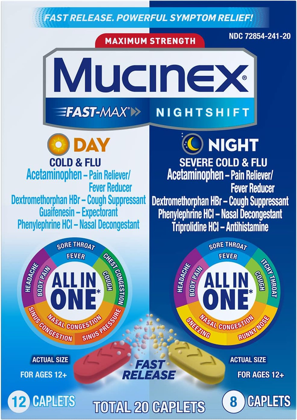 Mucinex Maximum Strength Fast-Max Day Cold & Flu & Nightshift Night Severe Cold & Flu All In One, Fast Release, Powerful Multi-Symptom Relief, 20 Caplets (12 Day Time + 8 Night Time)