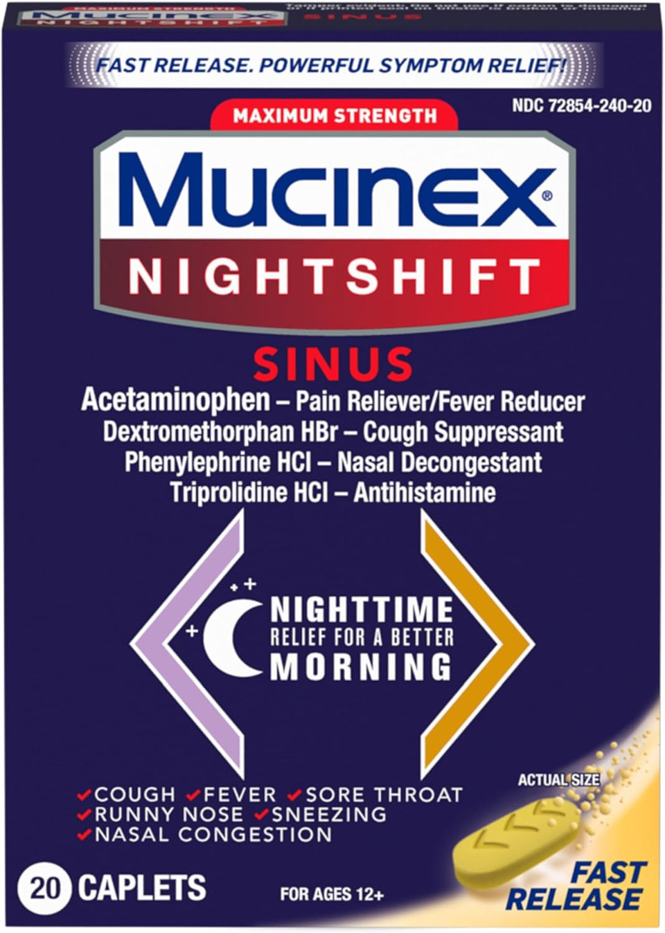 Mucinex Rapid+Clear Nighttime Cold And Flu Medicine For Adults, Maximum Strength Cold Medicine For Cough, Fever, Pain, Headache, & Runny Nose Relief, Rapid Release Caplets For Adults, 20 Count