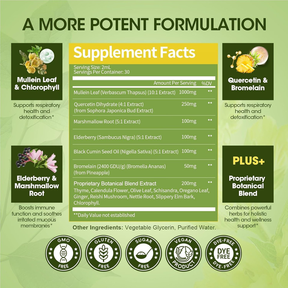 Mullein Drops For Lungs, Lung Detox & Cleanse, Vegan Mullein Leaf Extract Tincture With Chlorophyll Elderberry, Etc, Natural Herbal Supplement For Respiratory, Immune, 30 Servings