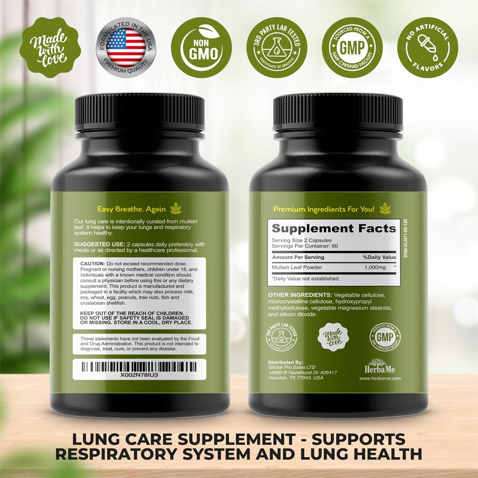 Mullein Leaf 1000Mg, 120 Capsules, Lung Detox For Smokers, Lung Cleanse Supplement, Supports Respiratory Function Health, Promotes Mucous Membranes | Ear Health, Mucus Relief Herbal Pills