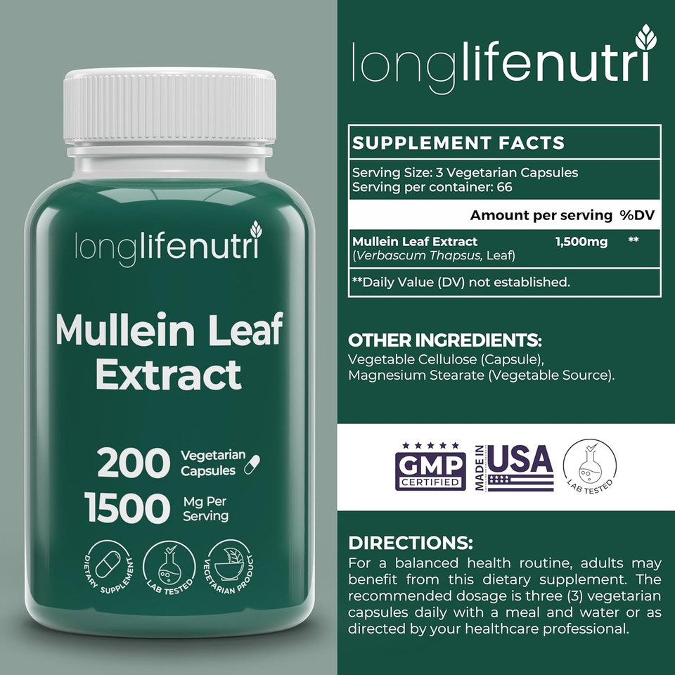 Mullein Leaf 1500Mg 10:1 Extract - 200 Vegetarian Capsules, From Organic Mullein Leaf Powder, Herbal Supplement For Respiratory Care, 2-Month Supply, Non-Gmo, Gmp Certified, Made In Usa