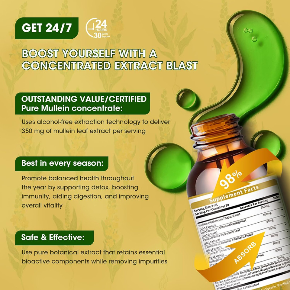 Mullein Leaf Extract Drops - 13-In-1 Botanical Extract Blend With Marshmallow Root For Wellness Support - Mullein Leaf Extract Supplement - Alcohol-Free Tincture, 2 Fl Oz