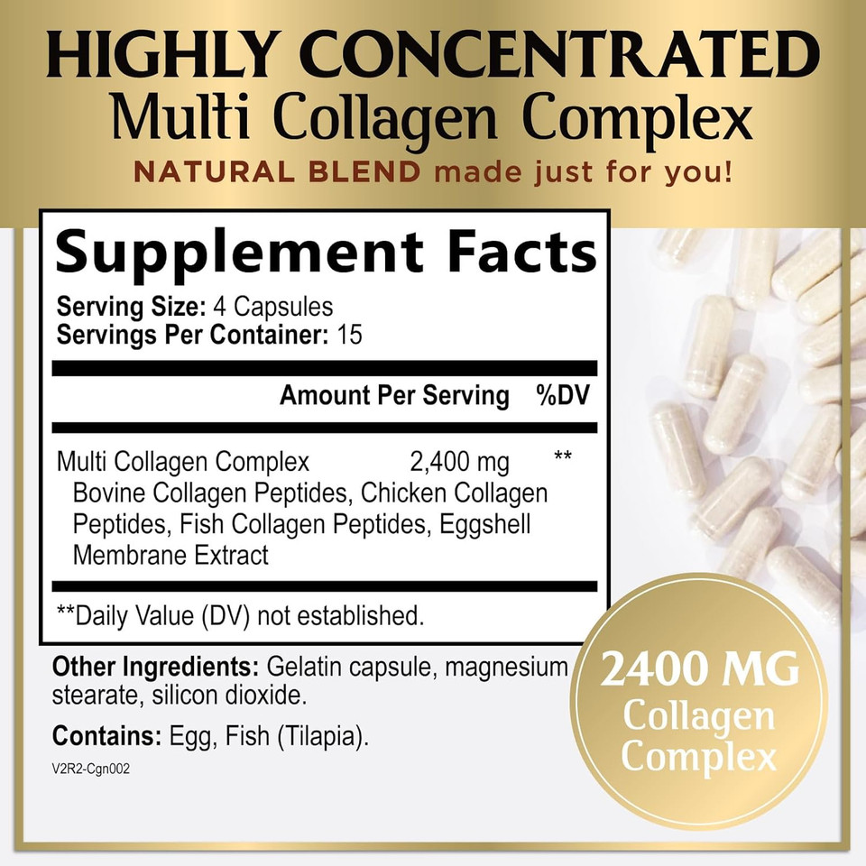 Multi Collagen Peptides Supplement  Type I, Ii, Iii, V, X  Hydrolyzed Multi Collagen Complex Capsules For Women & Men  Supports Vital Hair, Skin, Nails, Joints, Bones & Gut Health  60 Capsules