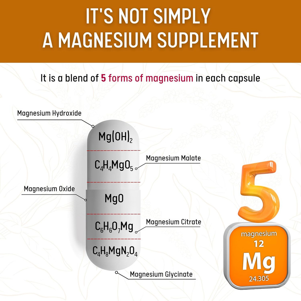 Multi Magnesium Complex Supplement 500Mg - 5 Active Bioavailable Forms  Hydroxide, Malate, Oxide, Citrate, Glycinate - Bone, Heart, & Muscle Support