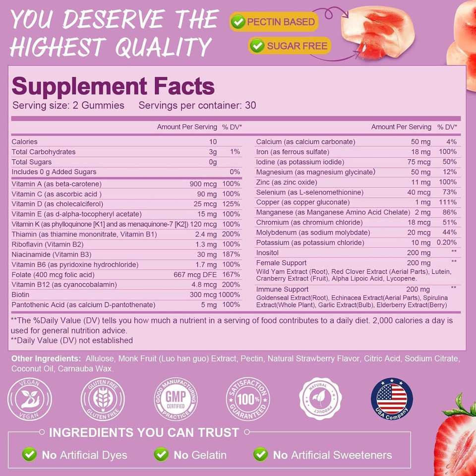 Multivitamin Filled Gummies For Women - Strawberry Flavor & Vitamin B2 Gummies - Natural Flavor