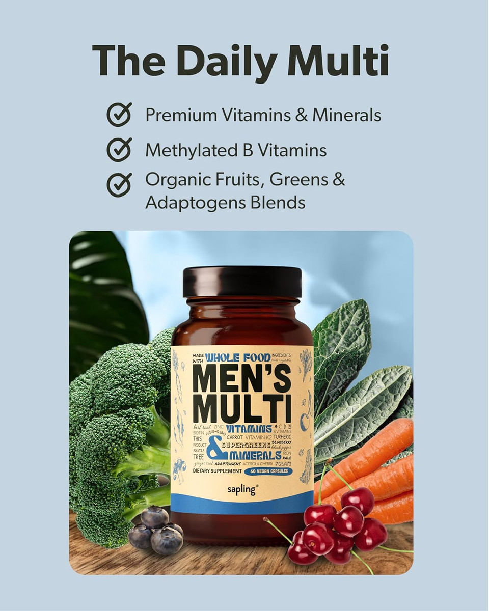 Multivitamin For Men - Daily MenS Multivitamin - Methylated B Complex With Whole Food Ingredients, Vitamin B12, Folate, A, C, D3, E, K2, Organic Fruits & Vegetables - Vegan, Non-Gmo - 60 Caps