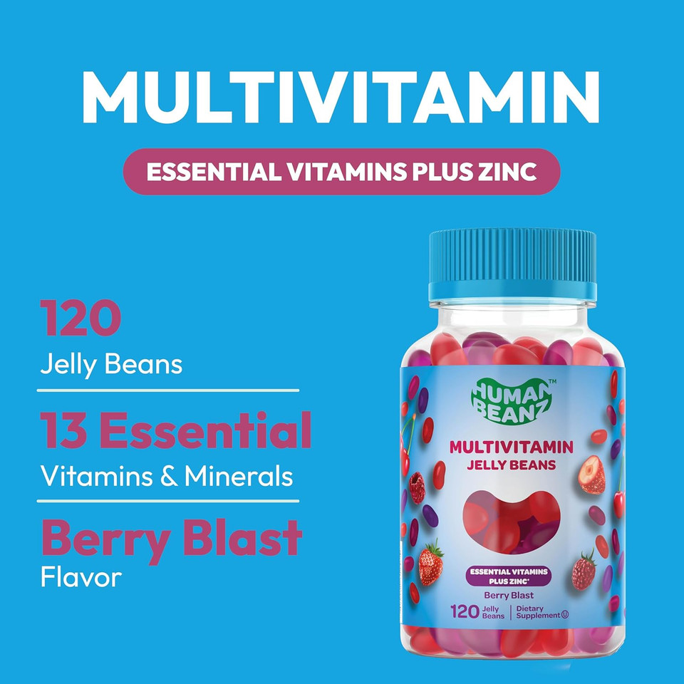 Multivitamin Jelly Bean Gummies With Zinc For Men And Women, Immune Support Dietary Supplements For Adults, Vegetarian, 120 Berry Blast Jelly Beans, Kosher