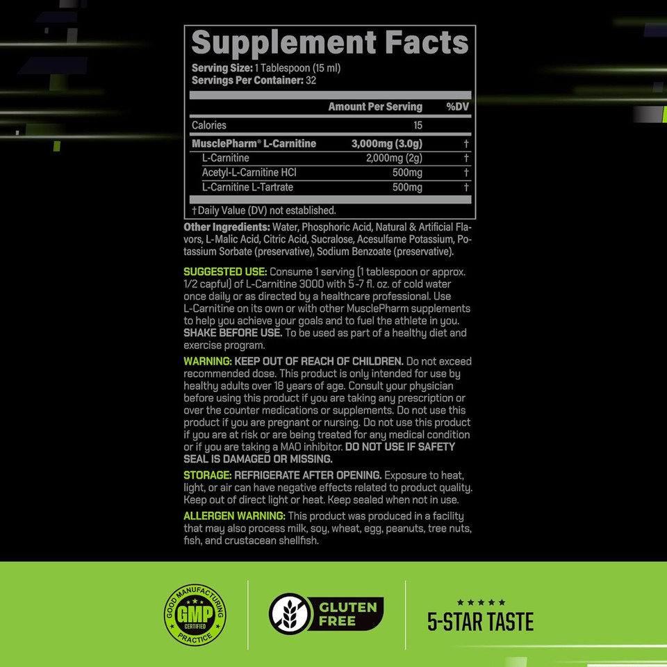Muscle Pharm L-Carnitine 3000, The Ultimate Liquid L Carnitine Supplement For High-Performance, Supports Metabolism, Hydration & Energy, Zero Sugar/Calories, Peach Nectarine Flavor, 32 Servings