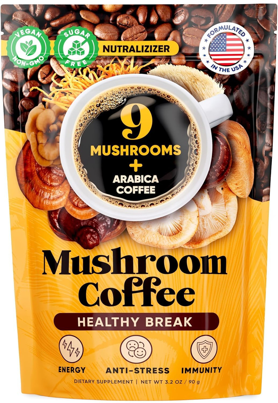 Mushroom Coffee  10 In 1 Instant Coffee Organic Arabica - Cafe De Hongos W/LionS Mane, Turkey Tail, Chaga  Focus, Gut Health, Weight & Immune Support  Low Caffeine, Sugar-Free, Gluten Free 90G