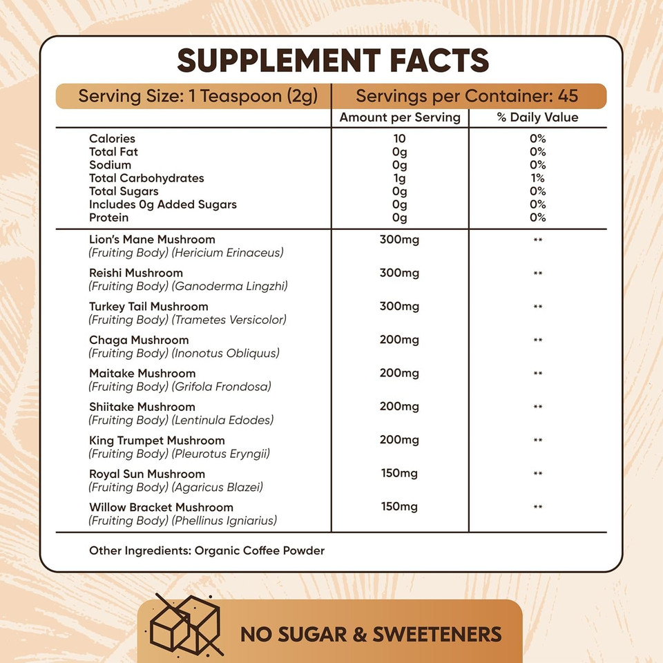 Mushroom Coffee  10 In 1 Instant Coffee Organic Arabica - Cafe De Hongos W/LionS Mane, Turkey Tail, Chaga  Focus, Gut Health, Weight & Immune Support  Low Caffeine, Sugar-Free, Gluten Free 90G
