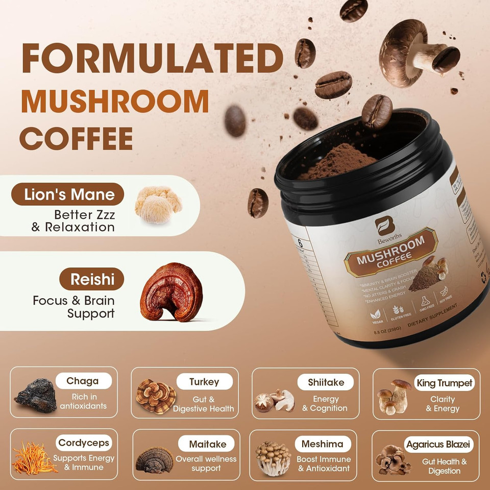 Mushroom Coffee - Lions Mane Mushroom Powder Instant Coffee With Lion'S Mane, Reishi, Chaga, Cordyceps, And Turkey Tail - Mushroom Coffee Alternative For Energy, Mental Clarity & Focus, Brain Booster