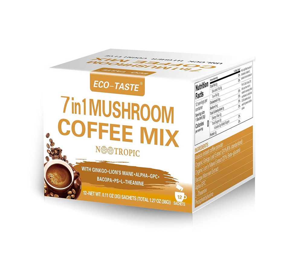 Mushroom Coffee Mix 7 In 1, With Ginkgo, Lions Mane, Alpha-Gpc, Bacopa, Ps, L-Theanine  12 Sachets